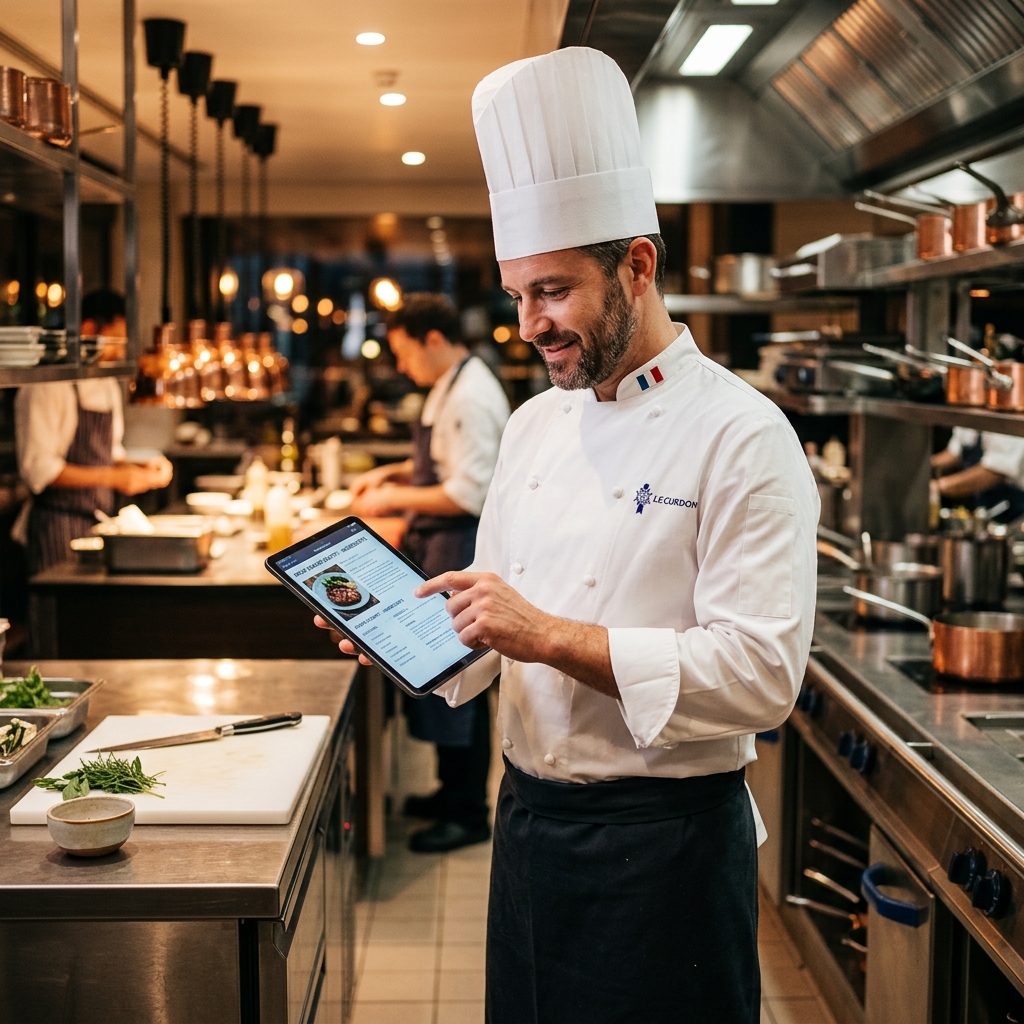 Chef using tablet for digital menu management