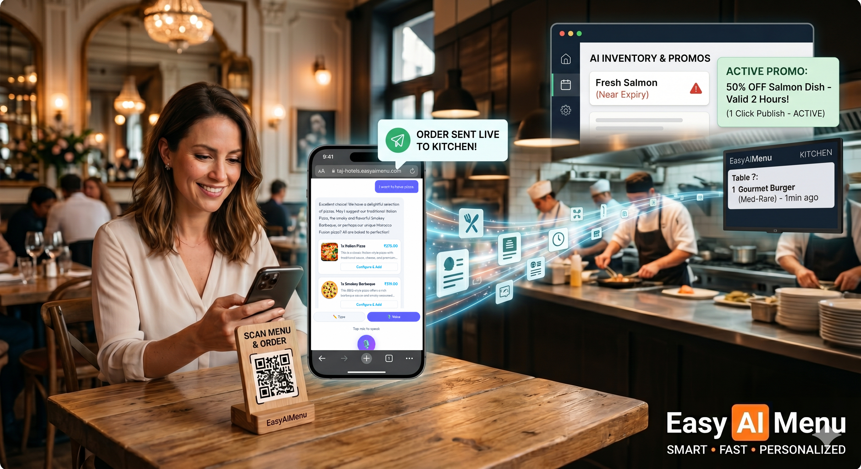 EasyAIMenu in action — guest scanning QR menu, AI inventory panel, real-time kitchen display